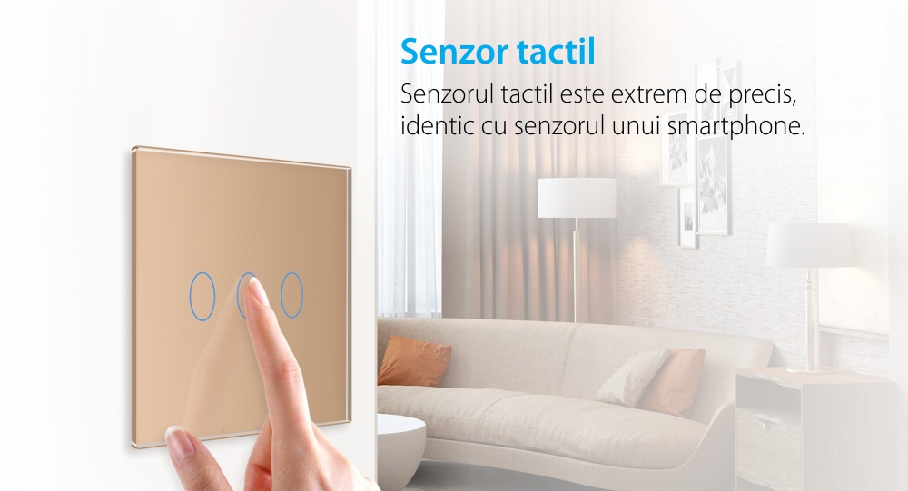 Intrerupator triplu cap scara / cruce cu touch Livolo din sticla, standard italian – Serie noua