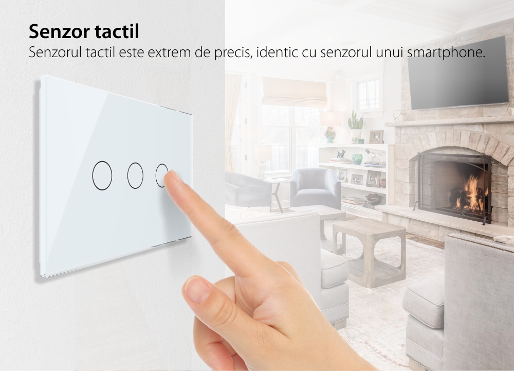 Intrerupator triplu cap scara/cruce wireless cu touch Livolo din sticla – standard italian