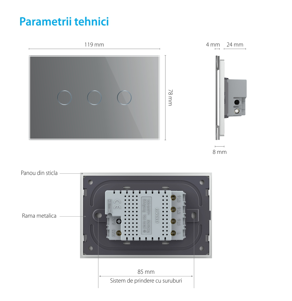 Intrerupator triplu cap scara / cruce cu touch Livolo din sticla, standard italian – Serie noua