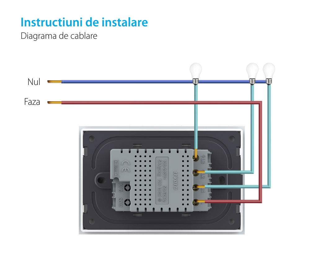 Intrerupator triplu cap scara / cruce cu touch Livolo din sticla, standard italian – Serie noua