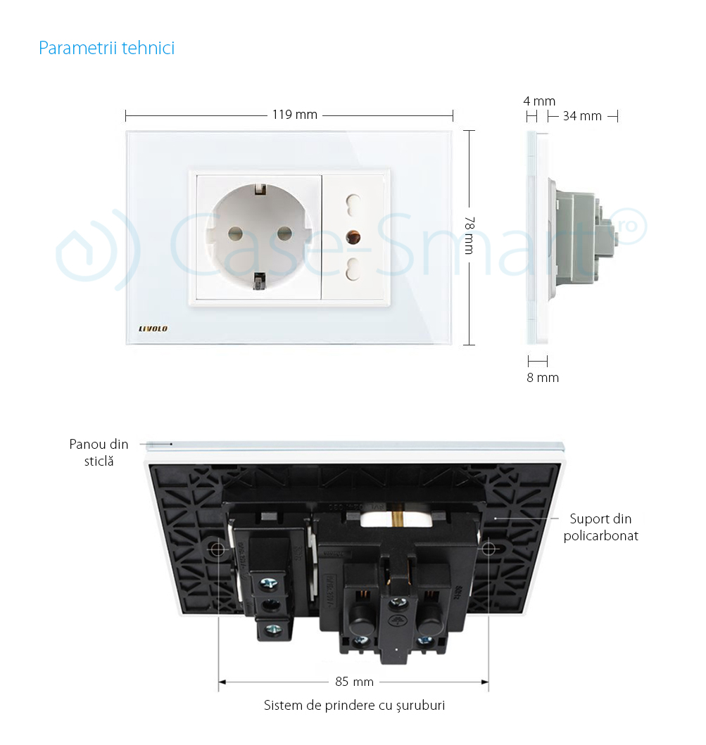 Priza dubla italiana Livolo cu rama din sticla – standard italian