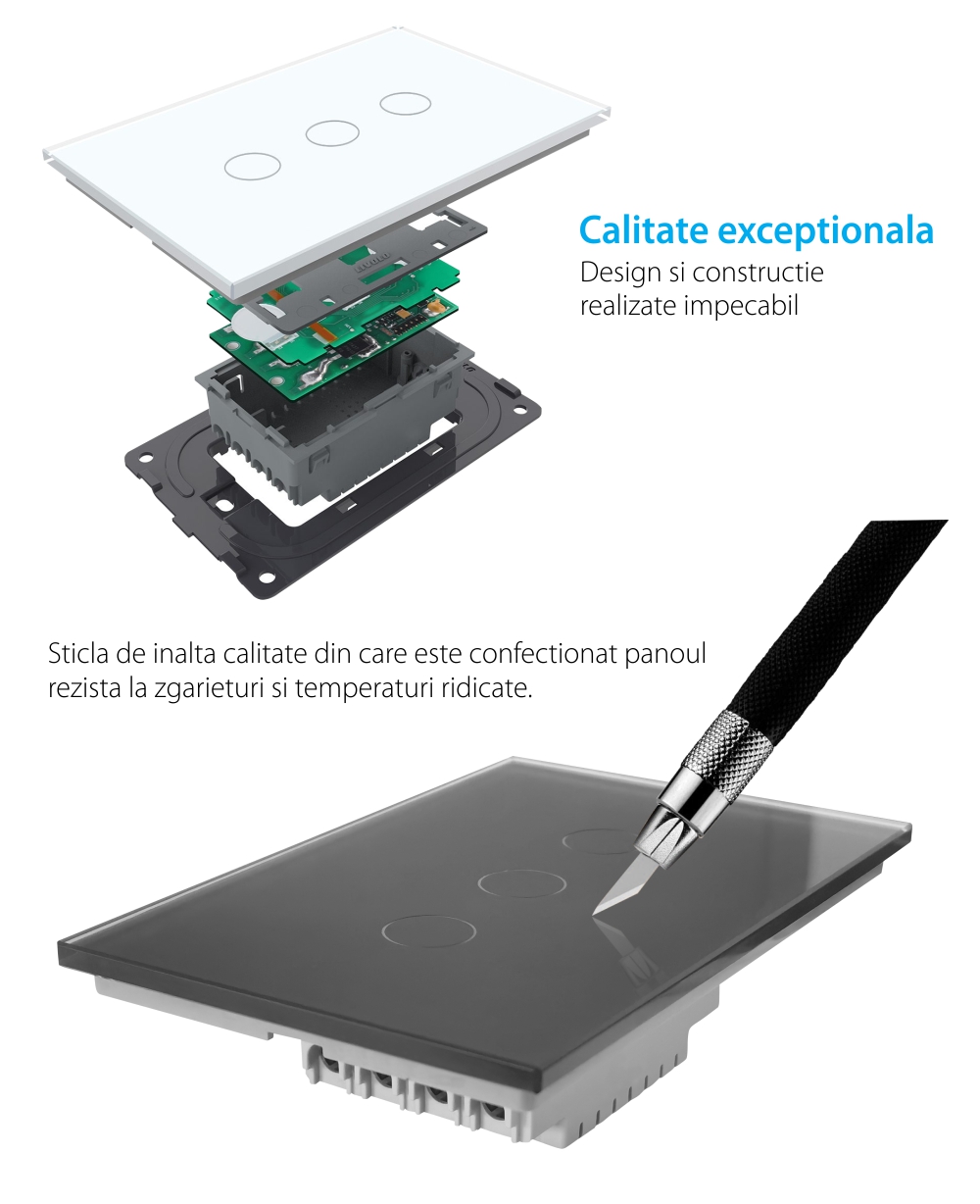 Intrerupator triplu cap scara / cruce cu touch Livolo din sticla, standard italian – Serie noua