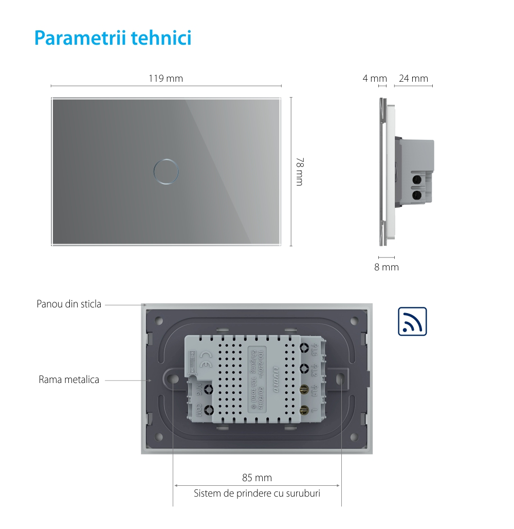 Intrerupator simplu wireless cu touch Livolo din sticla – standard italian