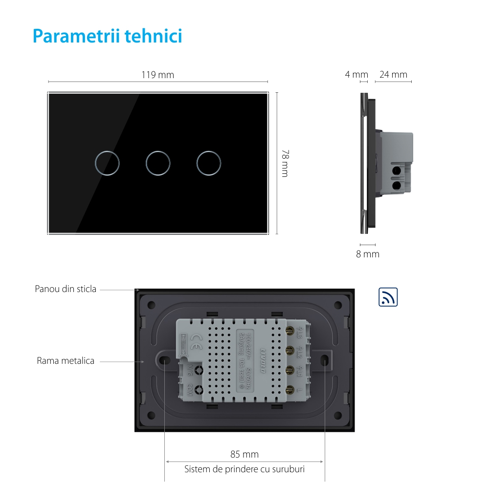 Intrerupator triplu wireless cu touch Livolo din sticla – standard italian