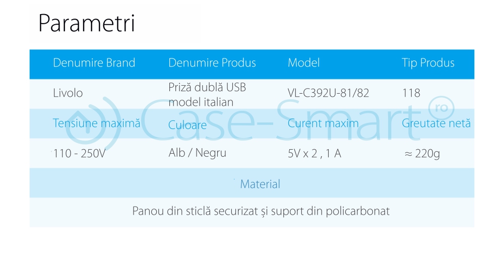 Priza dubla USB Livolo cu rama din sticla – standard italian