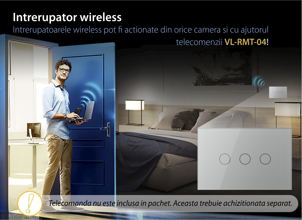 Intrerupator triplu cap scara/cruce wireless cu touch Livolo din sticla – standard italian