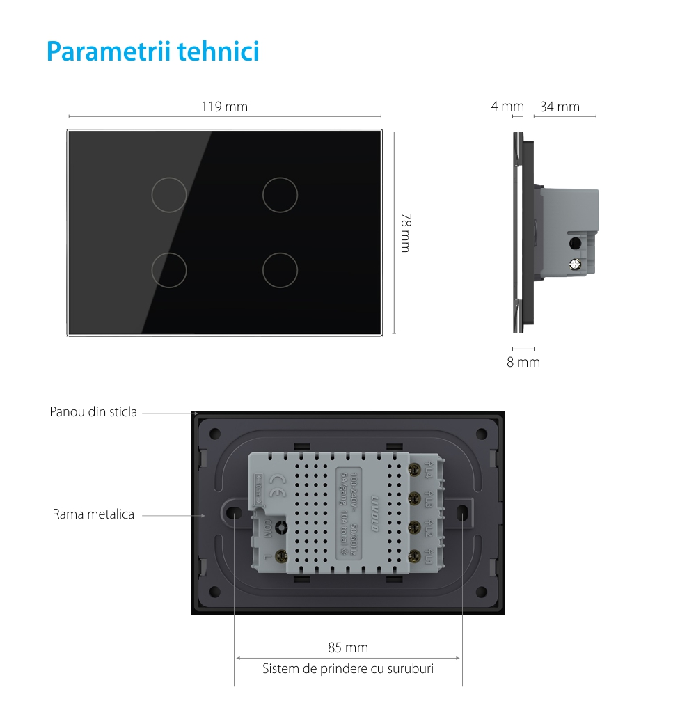 Intrerupator cvadruplu cu touch Livolo din sticla – standard italian