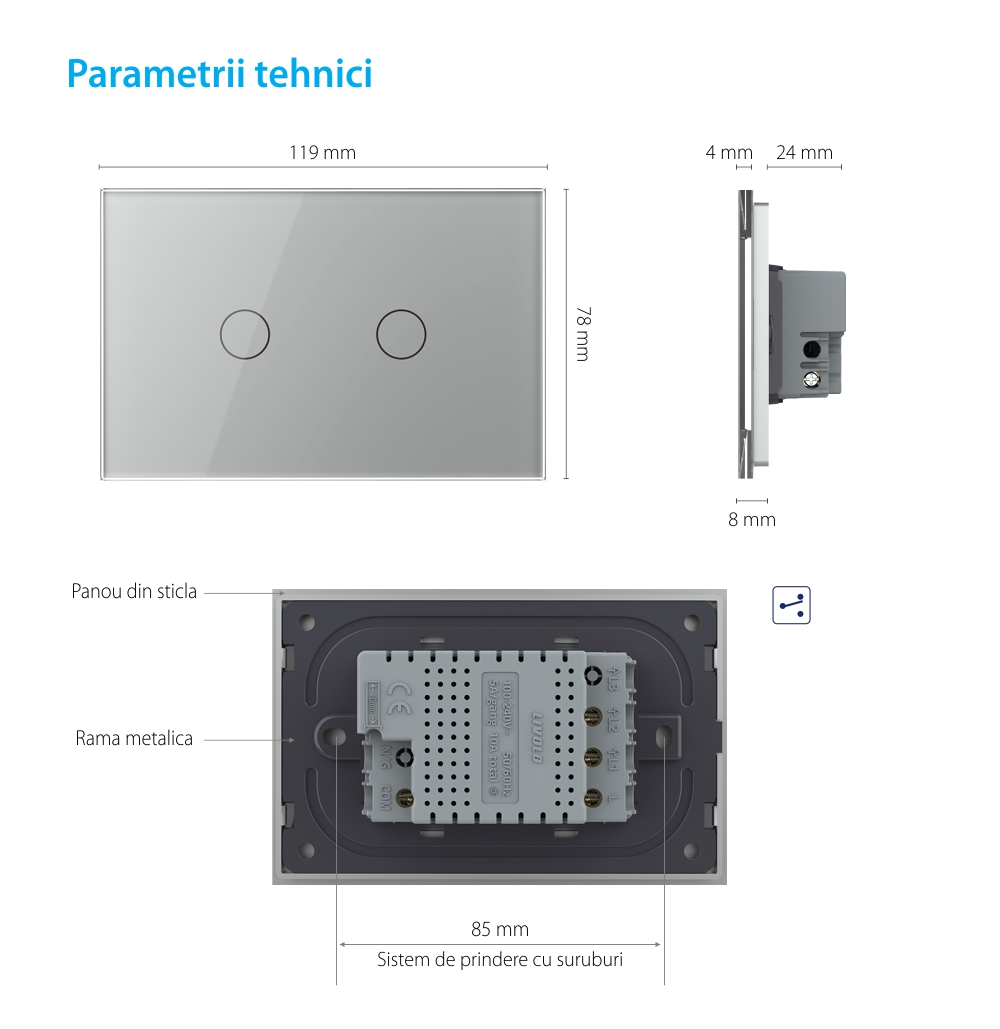 Intrerupator dublu cap scara/cruce cu touch Livolo din sticla – standard italian