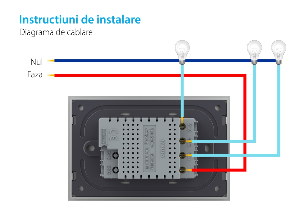 Intrerupator triplu wireless cu touch Livolo din sticla – standard italian