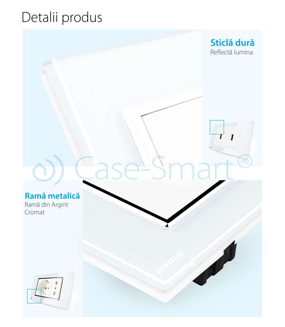 Priza dubla USB Livolo cu rama din sticla – standard italian