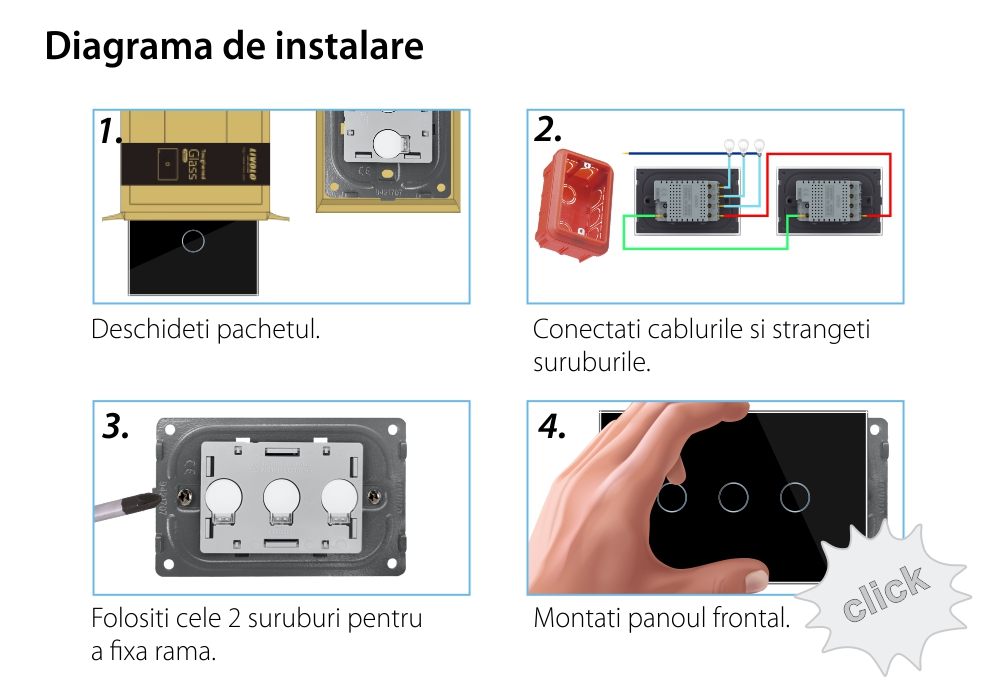 Intrerupator triplu cap scara/cruce wireless cu touch Livolo din sticla – standard italian