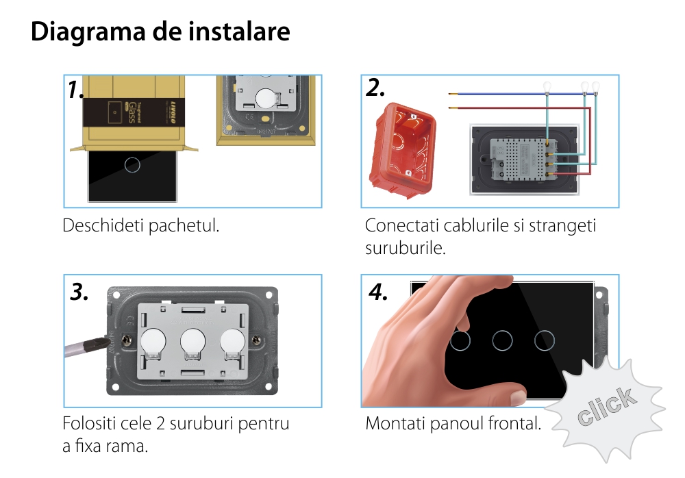 Intrerupator triplu wireless cu touch Livolo din sticla – standard italian