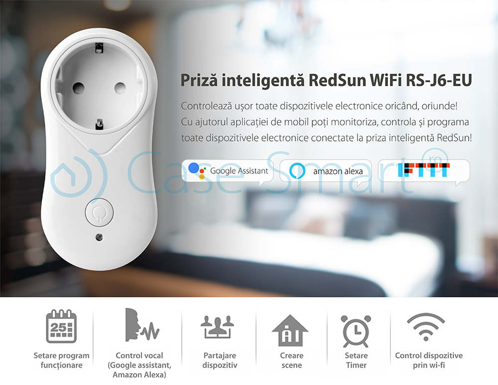 Priza inteligenta RedSun EU RS-J6 cu port USB, compatibil Alexa si Google Home, Control de pe telefonul mobil