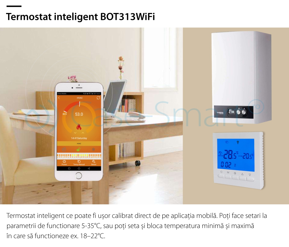 Termostat WiFi pentru centrala termica pe gaz si incalzire in pardoseala BeOk BOT-313WiFi