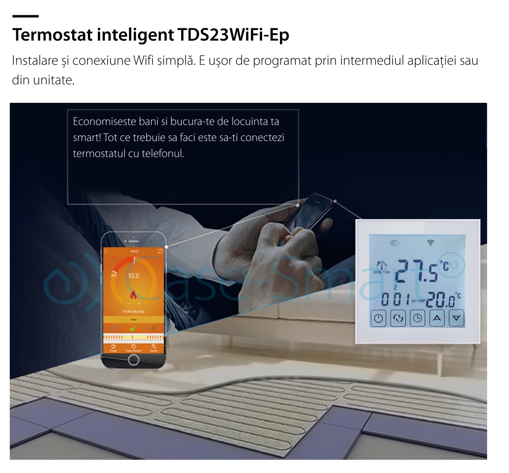 Termostat Wi-Fi pentru incalzirea electrica in pardoseala BeOk TDS23WIFI-EP, Tuya