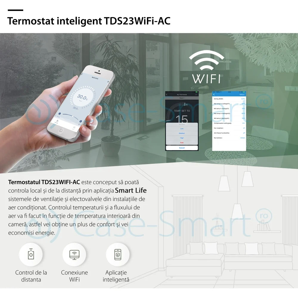 Termostat cu fir pentru aer conditionat BeOk TDS23WiFi-AC, Aplicatia mobila Smart Life, Compatibil cu sisteme HVAC