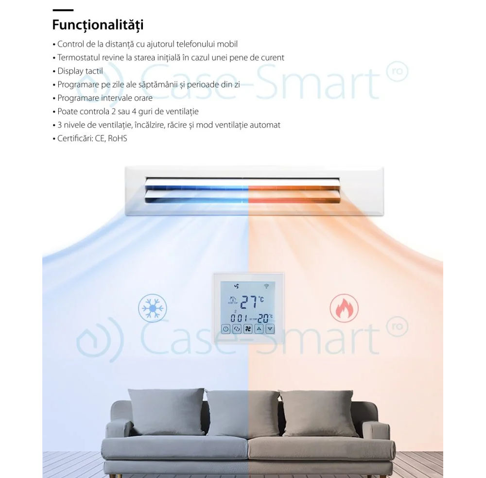 Termostat cu fir pentru aer conditionat BeOk TDS23WiFi-AC, Aplicatia mobila Smart Life, Compatibil cu sisteme HVAC