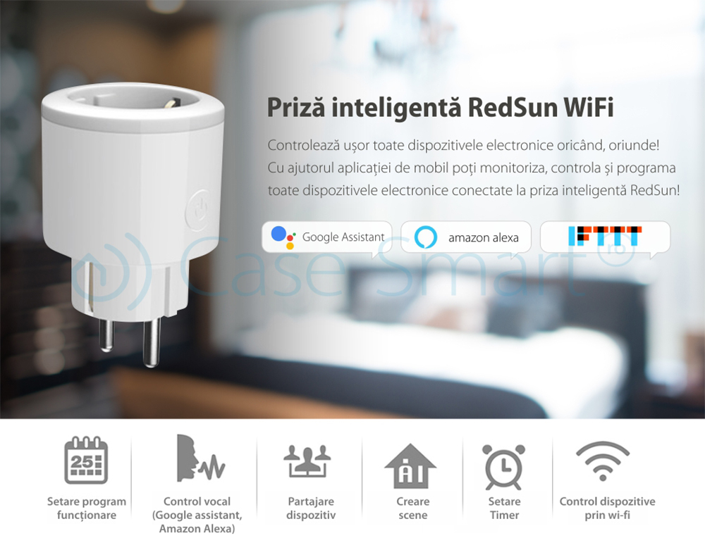 Priza inteligenta RedSun Wi-Fi cu monitorizare de energie si indicator led, Control de pe telefonul mobil