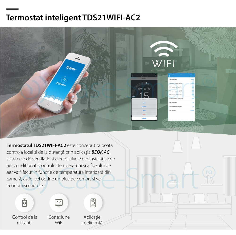 Termostat cu fir pentru aer conditionat BeOk TDS21WIFI-AC2, Control de pe telefonul mobil, Compatibil cu sisteme HVAC