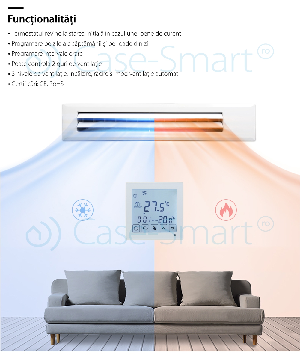 Termostat cu fir pentru aer conditionat BeOk TDS23-AC2, Compatibil cu sisteme HVAC