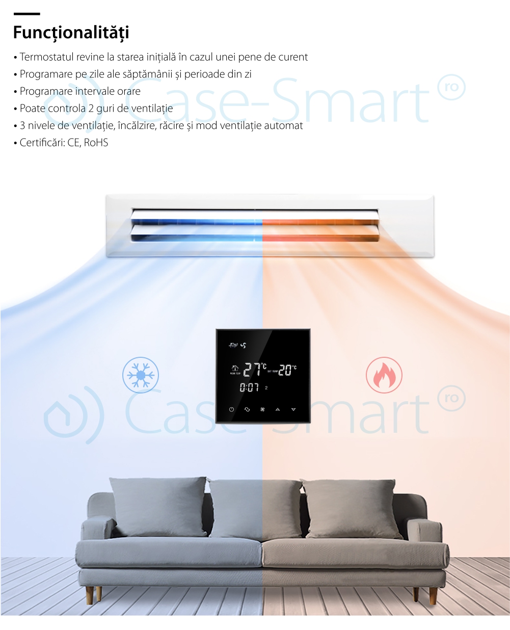 Termostat cu fir pentru aer conditionat BeOk TGT70-AC2, Compatibil cu sisteme HVAC