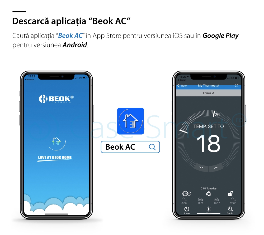 Termostat cu fir pentru aer conditionat BeOk TDS21WIFI-AC2, Control de pe telefonul mobil, Compatibil cu sisteme HVAC