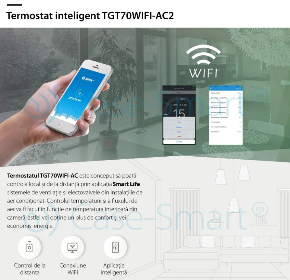 Termostat cu fir pentru aer conditionat BeOk TGT70WIFI-AC2, Aplicatia mobila Smart Life, Compatibil cu sisteme HVAC