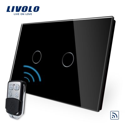 Intrerupator dublu wireless cu touch Livolo din sticla si telecomanda inclusa-standard italian culoare neagra