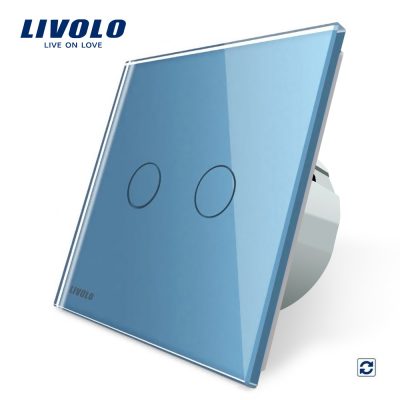 Intrerupator dublu cu revenire (reset) Livolo cu touch din sticla culoare albastra