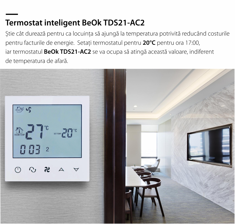 Termostat cu fir pentru aer conditionat BeOk TDS21-AC2, Compatibil cu sisteme HVAC