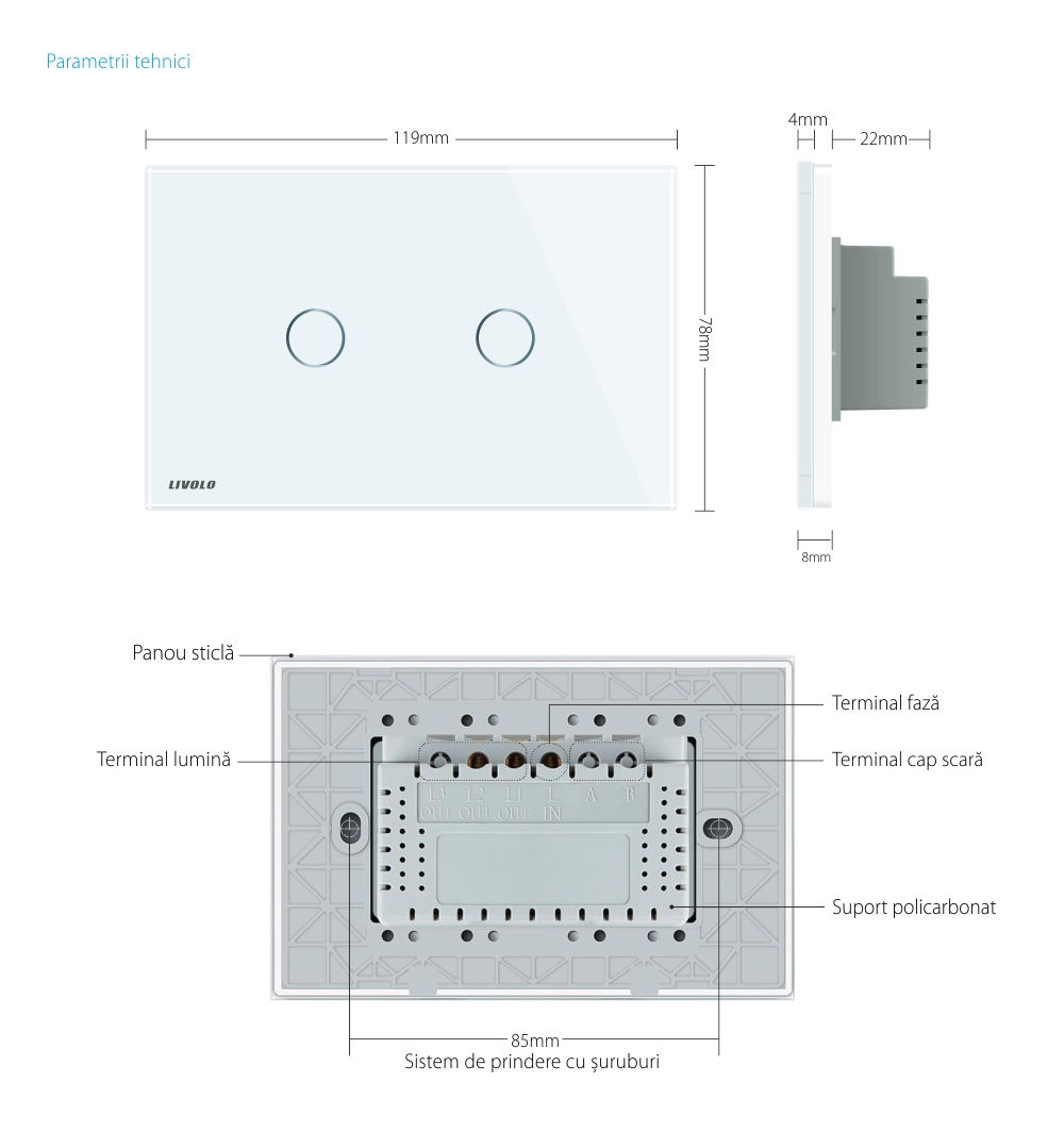 Intrerupator dublu wireless cu touch Livolo din sticla si telecomanda inclusa-standard italian