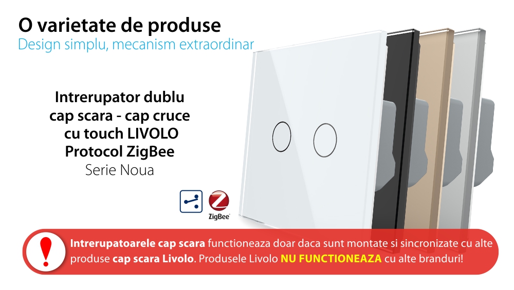 Intrerupator Dublu Cap Scara / Cruce cu Touch LIVOLO din Sticla – protocol ZigBee, Serie Noua