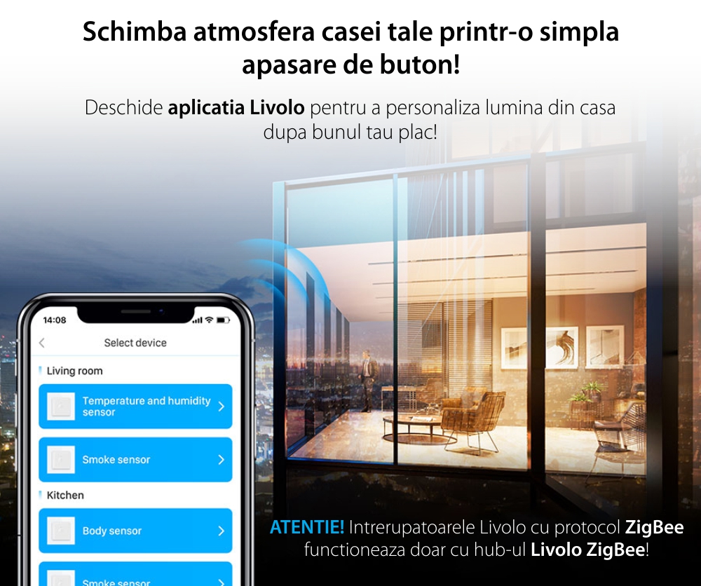 Intrerupator Simplu cu Touch Livolo din Sticla, Zigbee – Serie Noua