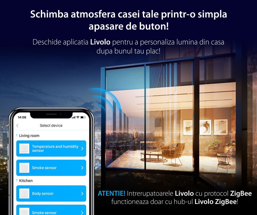 Intrerupator Dublu Cap Scara / Cruce cu Touch LIVOLO din Sticla – protocol ZigBee, Serie Noua