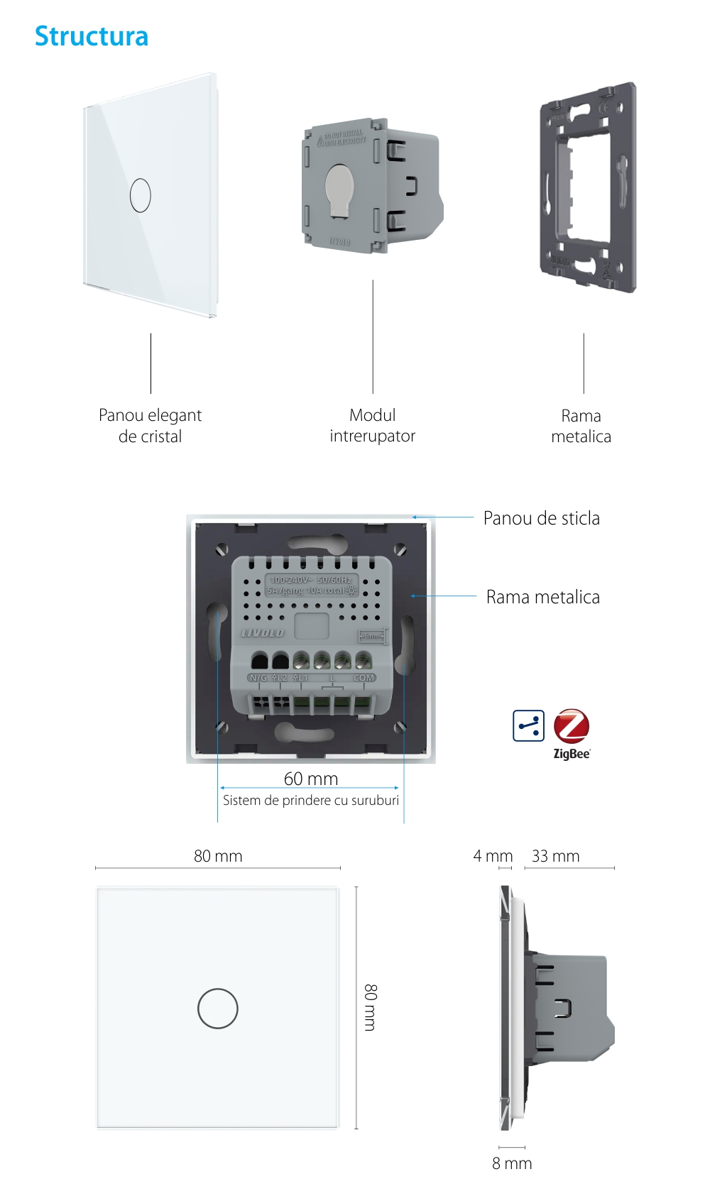 Intrerupator Simplu Cap Scara / Cruce LIVOLO – Protocol ZigBee, Serie Noua