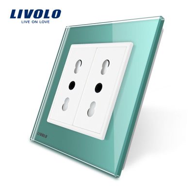 Priza dubla module inguste Livolo cu rama din sticla – standard german culoare verde