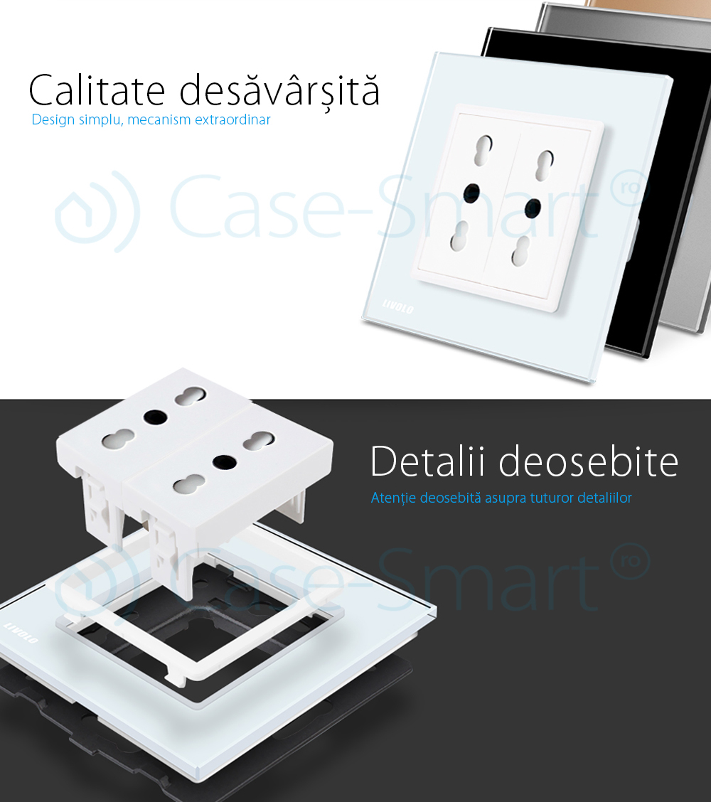 Priza dubla module inguste Livolo cu rama din sticla – standard german