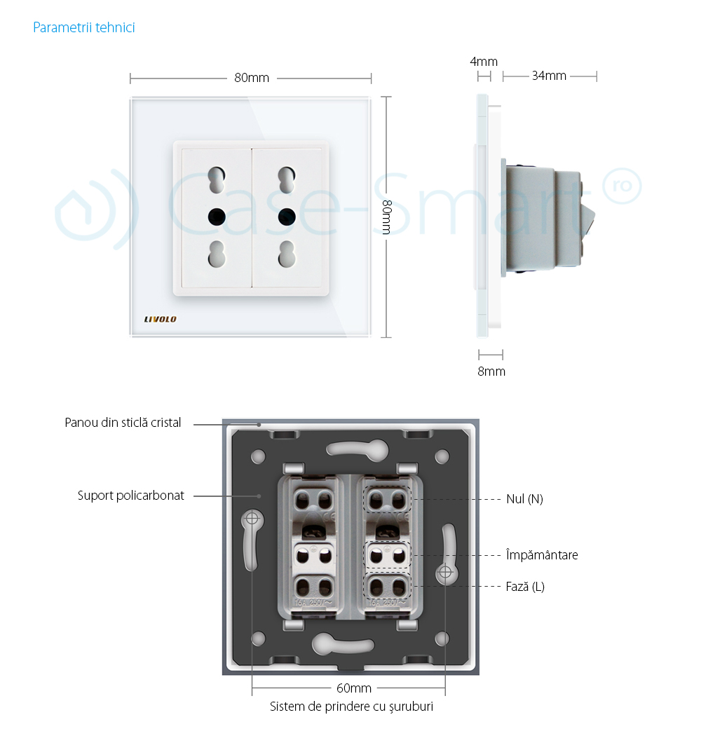 Priza dubla module inguste Livolo cu rama din sticla – standard german