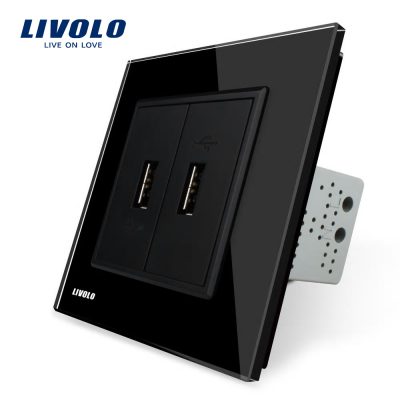 Priza dubla USB Livolo cu rama din sticla culoare neagra