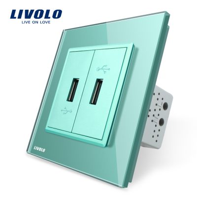 Priza dubla USB Livolo cu rama din sticla culoare verde