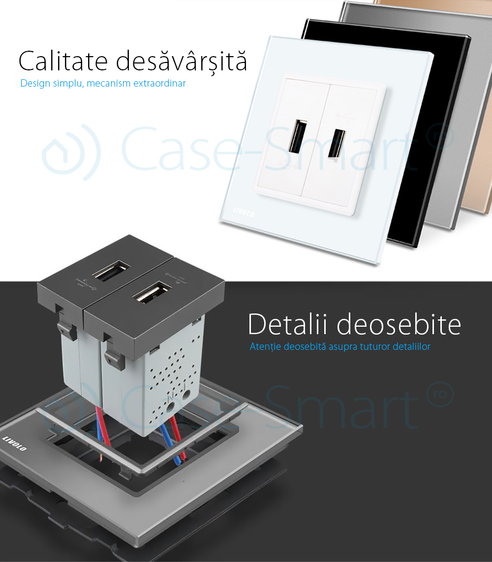 Priza dubla USB Livolo cu rama din sticla