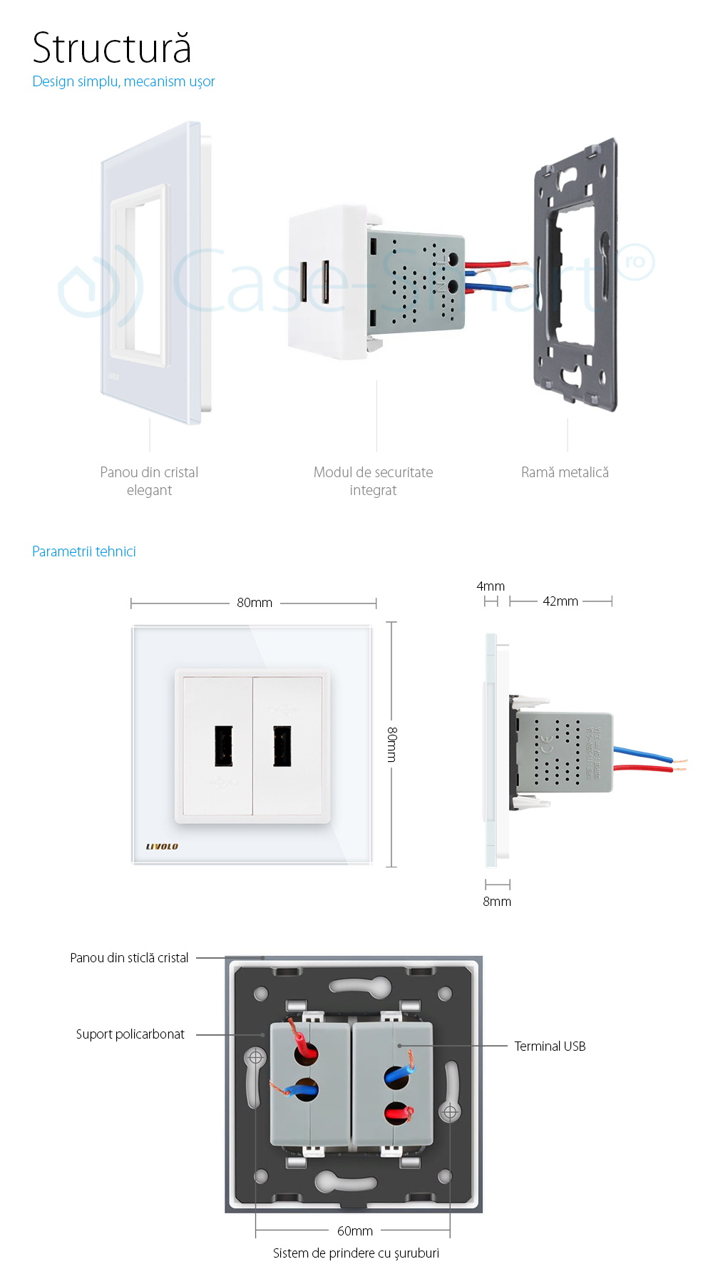 Priza dubla USB Livolo cu rama din sticla