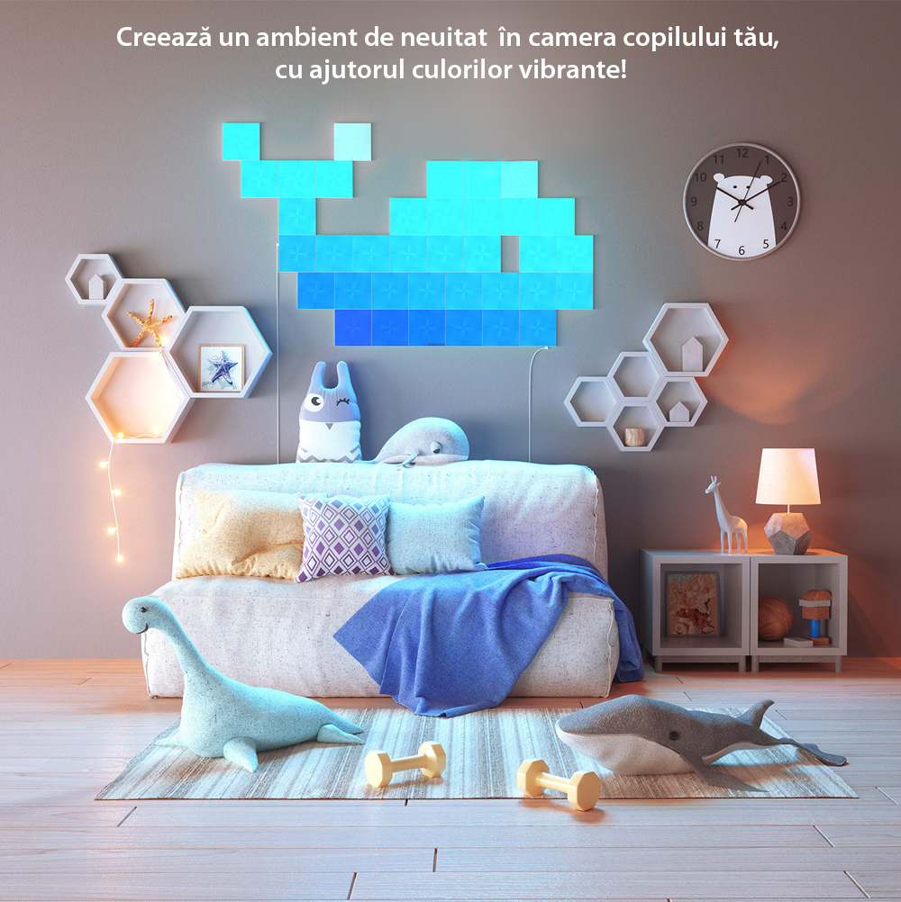 Kit 9 Panouri luminoase inteligente Nanoleaf Canvas cu senzor muzica, LED RGBW, Wi-Fi, Control tactil, Control de pe telefonul mobil