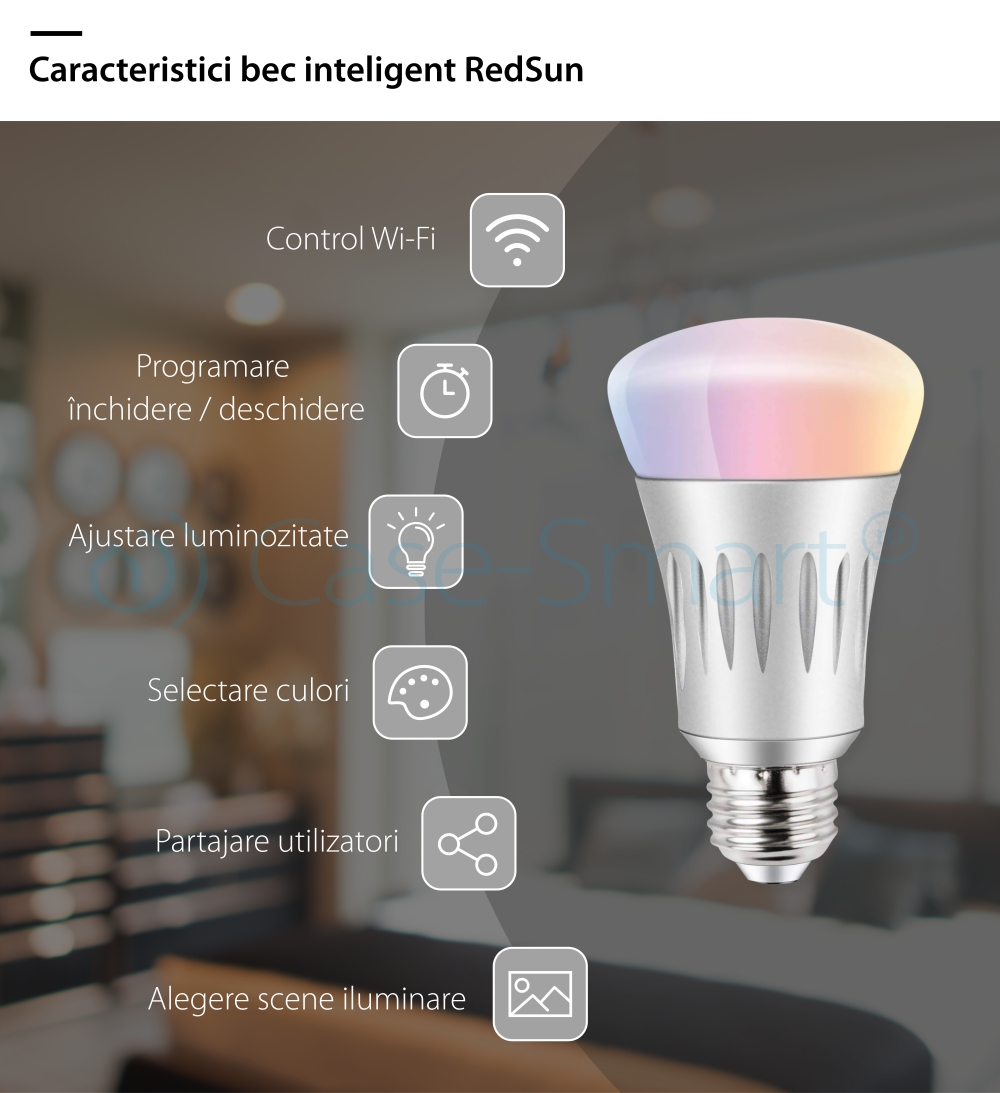 Bec inteligent LED RGB wifi rotund Red Sun, control de pe aplicatie mobila – RS-SLD02-E27