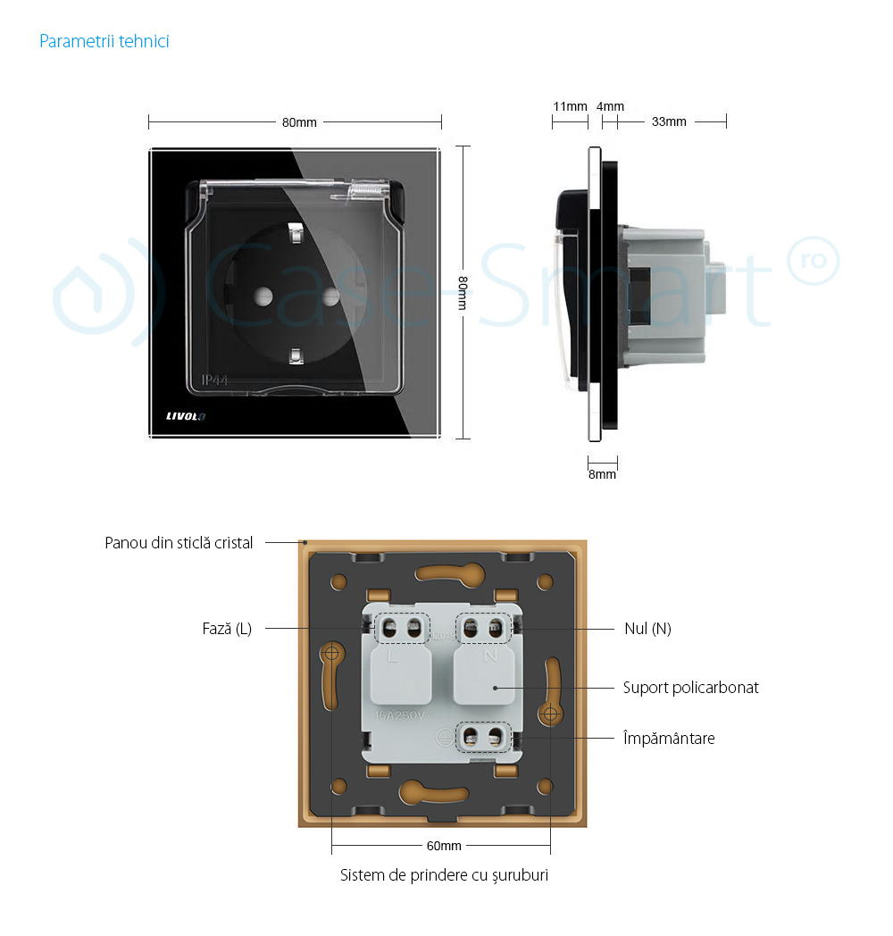 Priza simpla Livolo cu rama din sticla si capac de protectie rezistent la apa