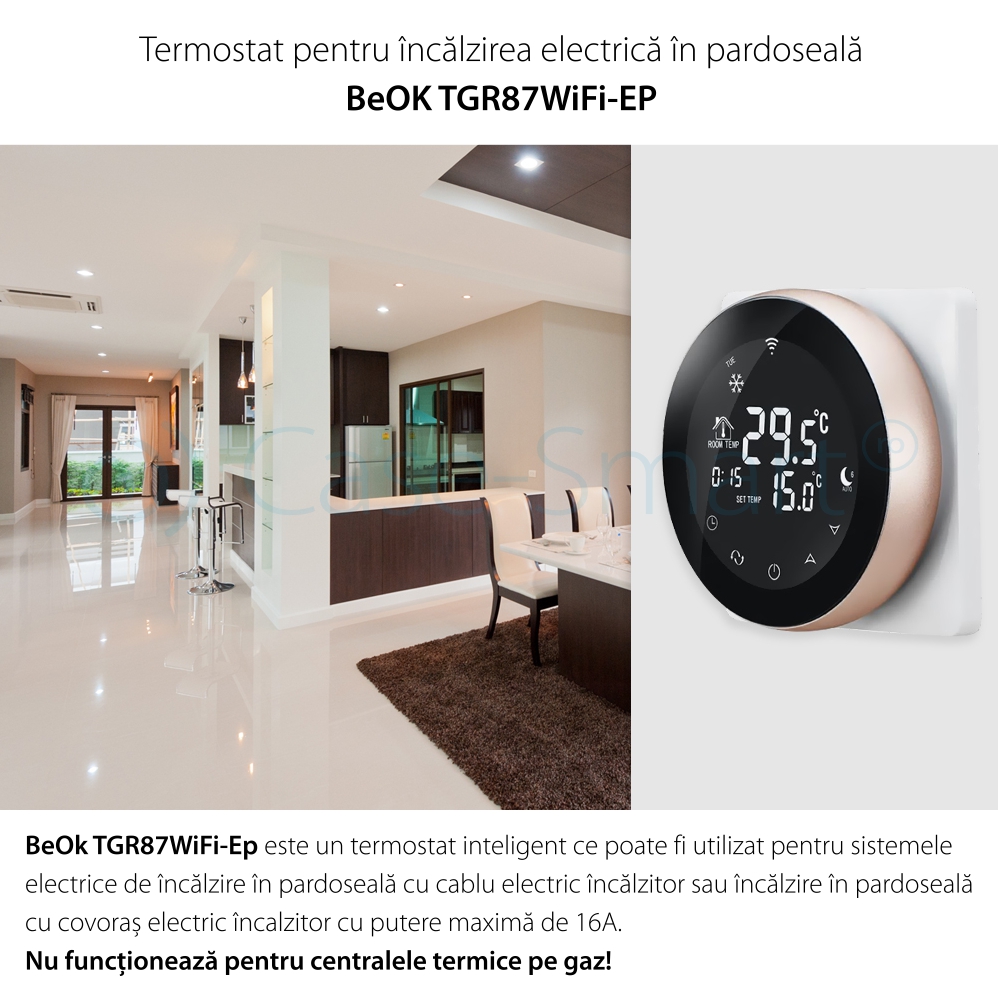 Termostat Wireless pentru incalzirea electrica in pardoseala Beok TGR87WiFi-EP, Functie Anti-inghet, Setare interval de functionare, Control de pe telefonul mobil