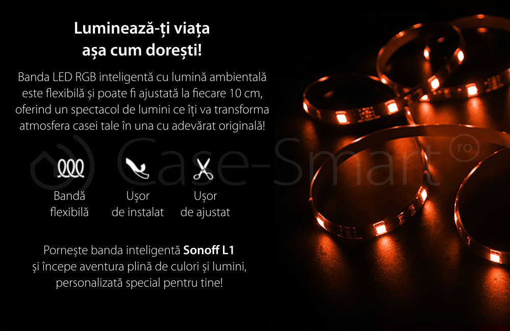 Banda inteligenta Wireless Light Strip LED RGB Sonoff L1, Lungime 5 m, Telecomanda inclusa, Control vocal, Control de pe telefonul mobil