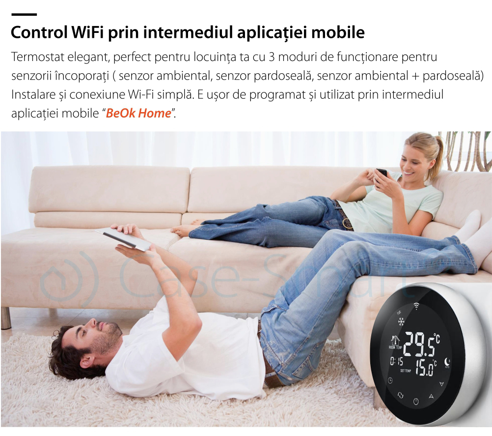 Termostat Wireless pentru incalzirea electrica in pardoseala Beok TGR87WiFi-EP, Functie Anti-inghet, Setare interval de functionare, Control de pe telefonul mobil