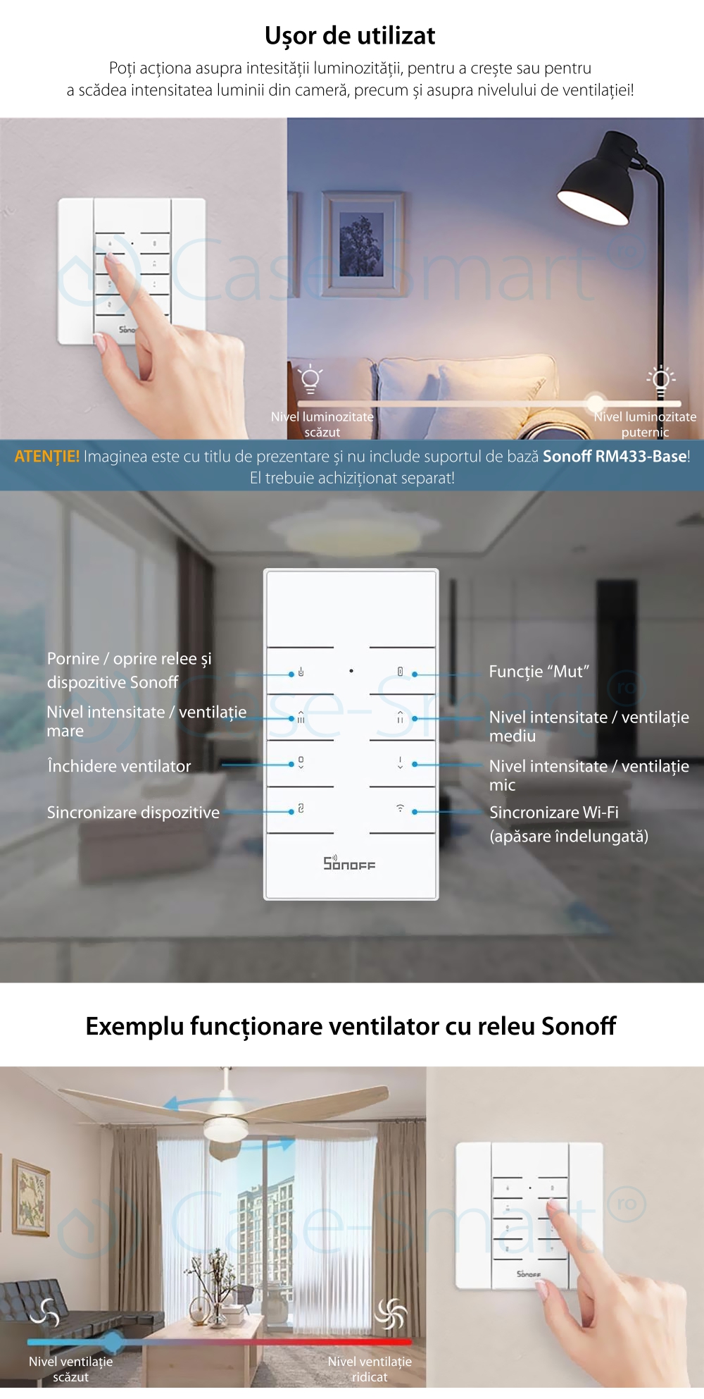 Telecomanda RF Sonoff RM433 cu Functie Sincronizare Wi-Fi, Reglaj intensitate lumini, Reglaj viteza ventilator