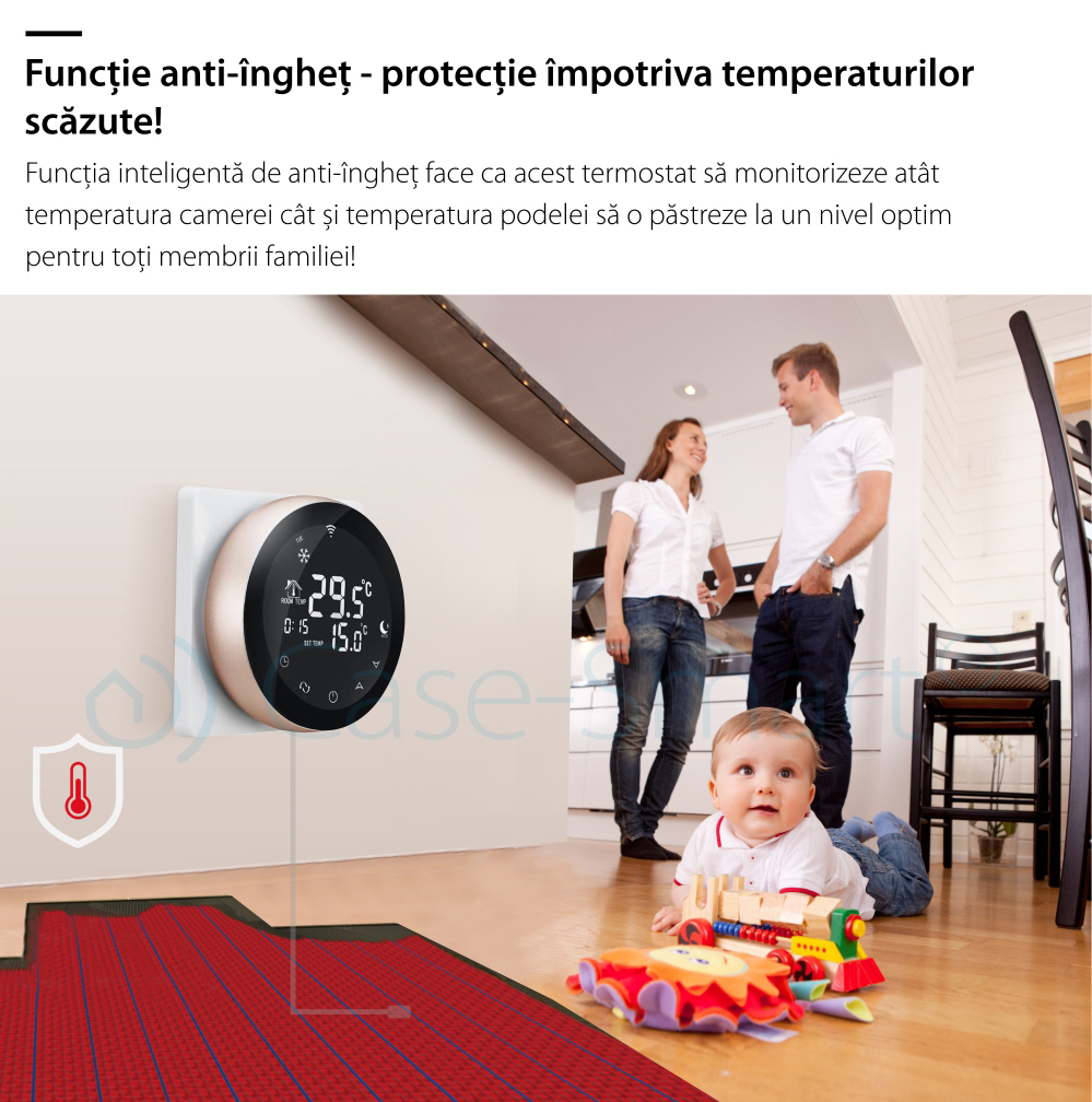 Termostat Wireless pentru incalzirea electrica in pardoseala Beok TGR87WiFi-EP, Functie Anti-inghet, Setare interval de functionare, Control de pe telefonul mobil